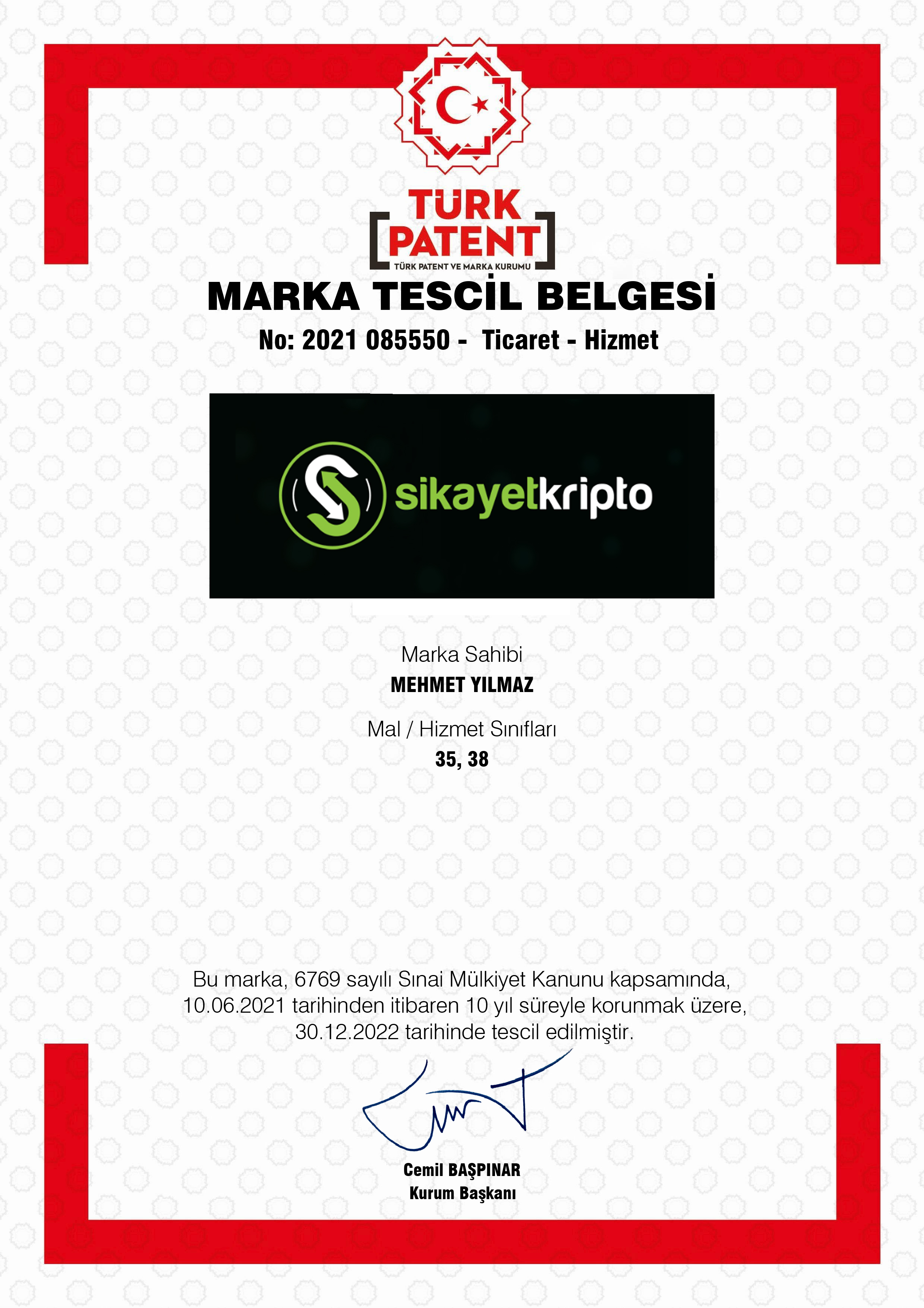 sikayetkripto.com Marka Tescil Belgesi